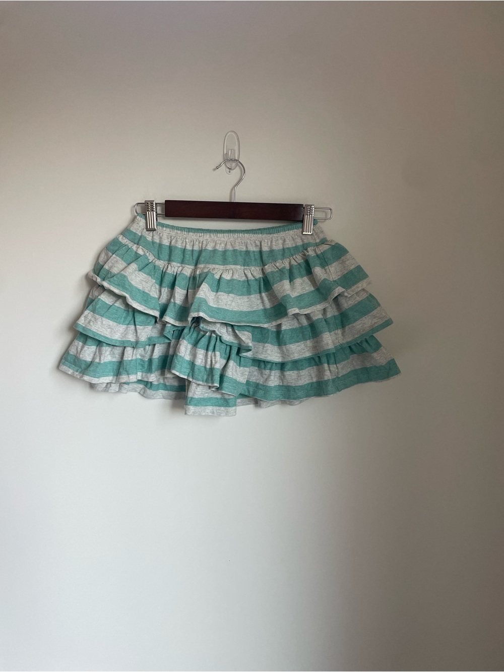 Striped Tiered Ruffle Skirt in Mint and Gray